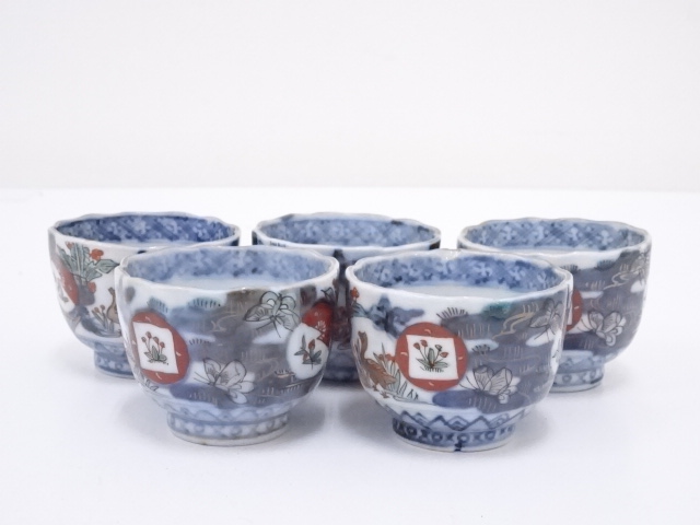 ANTIQUE JAPANESE IMARI / MEIJI ERA / SAKE CUP SET OF 5  / BLUE & WHITE PORCELAIN BUTTERFLY 